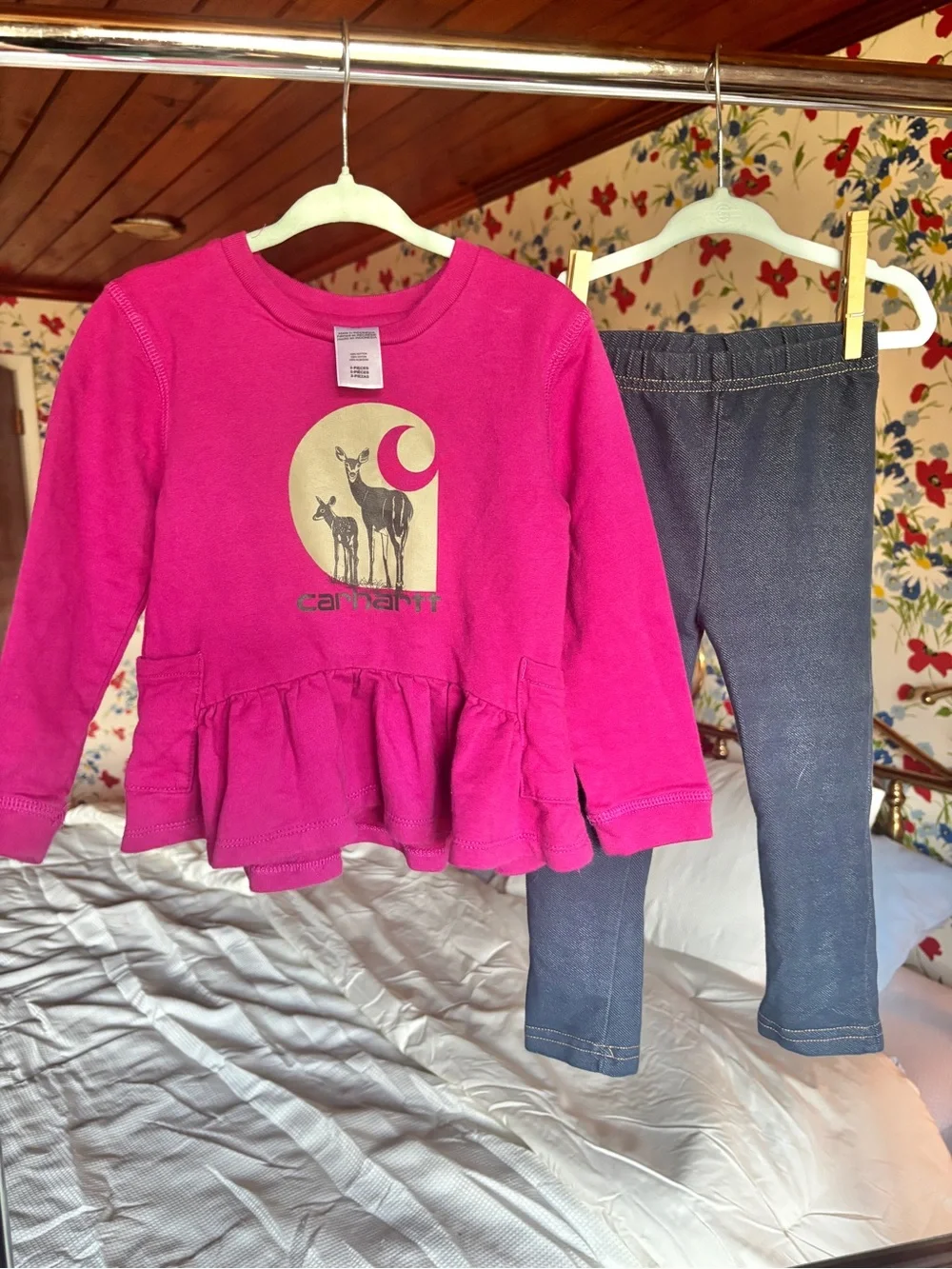 carhartt 2t deer peplum top + little lass 24m jeggings outfit set pink woodland